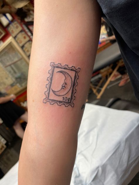 Sun And Moon Stamp Tattoo, Good Night Moon Tattoo, Moon Stamp Tattoo, Vintage Moon Tattoo, Goodnight Moon Tattoo, Moon Stamp, Night Tattoo, Pretty Tattoo, Stamp Tattoo