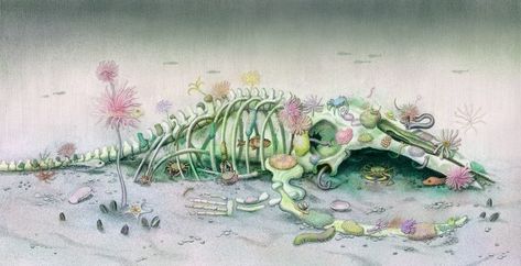 On the seafloor, scientists watch as a carcass becomes an oasis. Whale Fall, Ap Drawing, Autumn Illustration, A Whale, Artist Management, Random Art, International Artist, Autumn Art, Autumn Garden