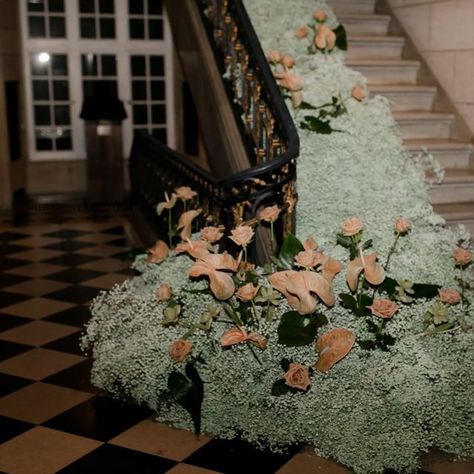 Surgical Museum Events on Instagram: "We turned our staircase into a ‘stare’case 👀 with a gorgeous trail of flowers and foliage. Another beautiful wedding and happy couple in the books!! ……… Thanks to our vendors: Melody Joy 📷 Asrai garden 💐 #wedding #venue #venuedecor #decor #gothic #weddingphotography #weddinginspiration #flowers" Staircase Florals, Asrai Garden, 2024 Moodboard, Florals Wedding, Garden Wedding Venue, Flower Bomb, Venue Decor, Wedding 2024, Happy Couple