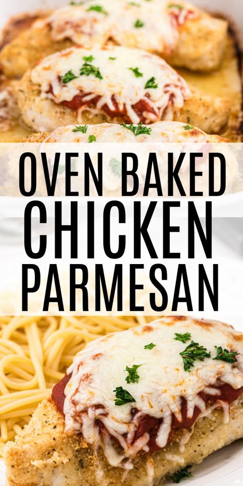 This oven baked chicken parmesan is made with less than 10 ingredients but is loaded with cheese and Italian flavors. Not only is this simple crispy baked parmesan chicken dish ready in 30 minutes, but it's a delicious homemade recipe to fuel the entire family with as well. Chicken Parmesan In The Oven, Bake Chicken Parmesan Oven, Easy Oven Baked Chicken Parmesan, Oven Baked Chicken Parmesan Recipe Easy, Oven Chicken Parmesan Recipe, Chicken Parmesan Recipe Easy Baked, Chicken Thigh Parmesan Recipe, Chicken Parmesan Oven, Chicken Parmesan Recipe Oven