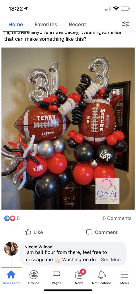 Ballon Tower, Senior Night Football, Football Centerpieces, Football Balloons, Football Banquet, Football Numbers, Balloon Tower, Football Cheerleaders, One Balloon