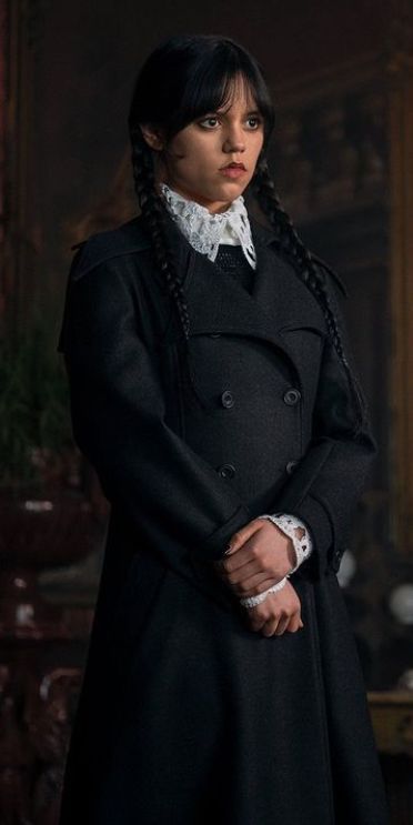 Peaky Blinders Coat, Jenna Ortega As Wednesday, Wednesday Addams Outfit, Wednesday Addams Dress, Wednesday Outfit, Wednesday Addams Costume, Black Cotton Jacket, Addams Family Costumes, Wednesday Movie