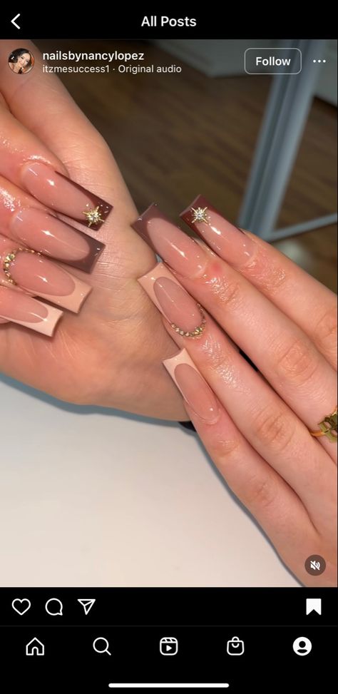 Cute Fall Coffin Acrylic Nails, Everyday Acrylic Nails, Brown Nails With Gems, Brown Baddie Nails, Nails Acrylic Brown, Marron Nails, Acrylics Aesthetic, Acrylic Nails Nude, Brown Acrylic Nails