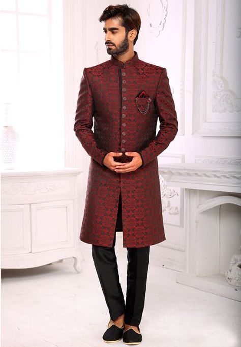 Maroon Brocade Jacquard Nawabi Indo Western Nawabi Sherwani, Indo Western Dress For Men, Indo Western For Men, Indo Western Sherwani, Stylish Boy, Mens Sherwani, Western Suits, Sherwani For Men, Celebrity Gowns