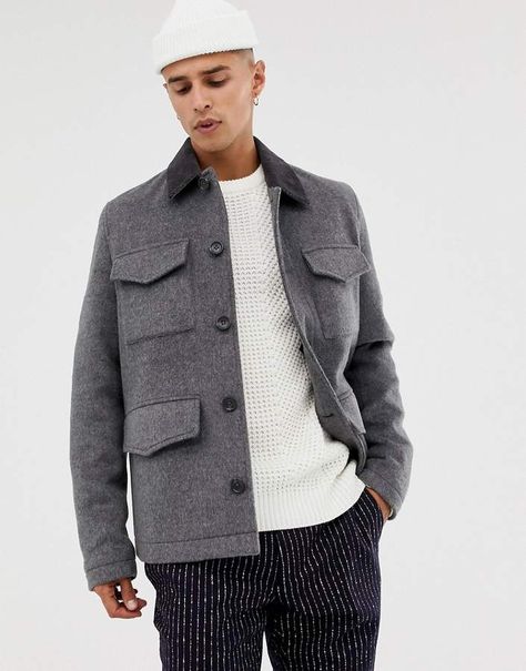 Asos Design ASOS DESIGN wool mix field jacket with cord collar in charcoal Jacket Outfit Men, Cool Jackets For Men, Charcoal Jacket, Mens Outwear, Mens Suits Modern, Mens Fashion Simple, Harrington Jacket, Types Of Jackets, Mens Fashion Classy