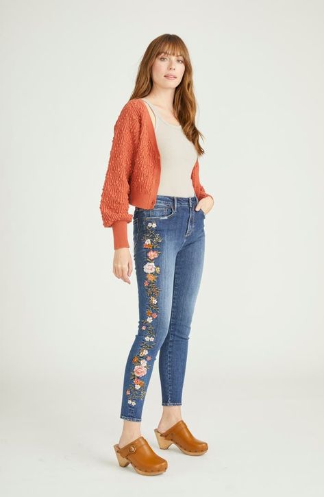 Casual Embroidered Fall Jeans, Spring Floral Embroidered Straight Leg Jeans, Trendy Floral Embroidered Bottoms For Fall, Fitted Denim Blue Jeans With Floral Print, Fitted Floral Print Denim Blue Jeans, Fall Straight Leg Bottoms With Floral Embroidery, Fitted Floral Print Jeans In Denim Blue, Trendy Embroidered Fall Jeans, Trendy Fitted Jeans With Floral Embroidery