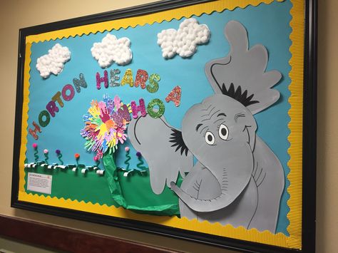 Dr. Seuss/ Horton Hears a Who bulletin board Horton Hears A Who Classroom Decorations, Horton Hears A Who Decorations, Horton Hears A Who Bulletin Board, Elephant Bulletin Board, Dr Seuss Bulletin Board Ideas, Pta Themes, Door Decoration For Preschool, Holiday Classroom Doors, Dr Seuss Classroom Door