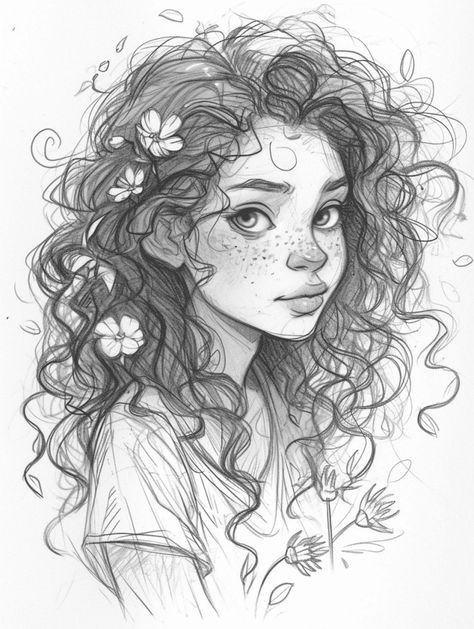 25 Cute Female Character Sketch Ideas for All Skill Levels - Brighter Craft Cute People Sketches, Curly Hair Portrait Drawing, Hair With Flowers Drawing, Sketch Doodle Ideas, Curly Hair Girl Sketch, Flower Hair Drawing, Cute Portrait Drawing, Character Drawing Girl, Mk Drawings