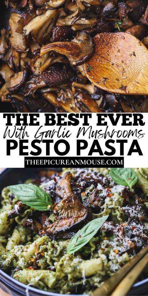 Pesto Mushroom Pasta, Pesto Mushrooms, Vegetarian Pesto Pasta, Mushroom Pesto, Tasty Noodles Recipe, Caramelized Mushrooms, Fresh Basil Pesto, Creamy Pesto Pasta, Mushroom Recipes Pasta