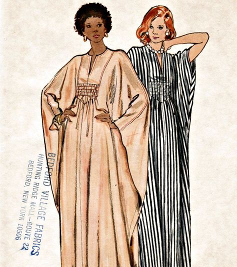 Vintage 70s Caftan Pattern With Long Sleeves And Gathers In The Front Kaftan Pattern, Ladies Caftan, 1970s Sewing Patterns, Patron Vintage, Cape Pattern, Kaftan Designs, Costume Sewing Patterns, Vintage Dress Patterns, Butterick Sewing Pattern