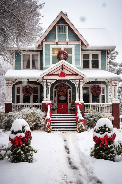 How to Create Stunning Christmas Curb Appeal: 12 Holiday Scenes Christmas Houses Exterior, Christmas House Exterior Decoration, Christmas Victorian House, Victorian Cottage Exterior, Christmas Decor Exterior, Winter Home Exterior, Christmas House Exterior, Christmas Home Exterior, Painted Lady House