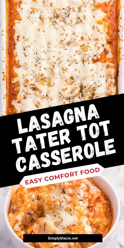 Lasagna Tater Tot Casserole - This kid friendly family dinner recipe uses tater tots to replace the traditional noodles layer – a delicious twist on a family favourite! Beef Tater Tot Casserole, Tater Tot Casserole Recipe, Family Dinner Recipe, Tater Tot Recipes, Hamburger Casseroles Recipes, Tater Tot Casserole Recipes, Lasagna Casserole, Aldi Recipes, Hashbrown Recipes