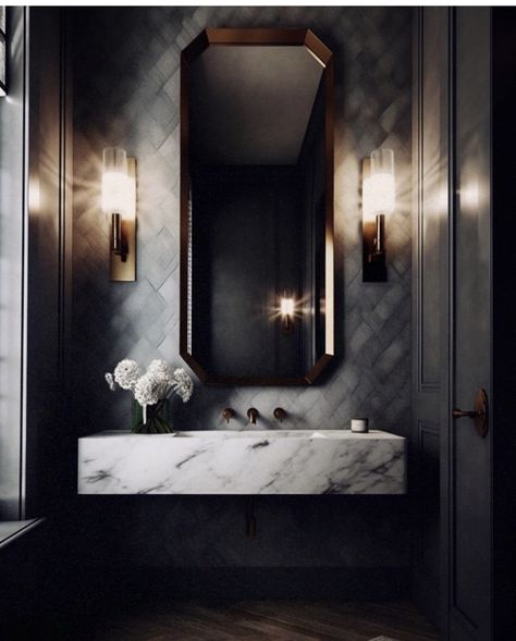 2023 Powder Room, Cloakroom Wc, Luxury Guest Bathroom, Modern Half Bath, Dramatic Powder Room, Lake House Bathrooms, Chic Powder Room, Luxury Powder Room, Clock Room