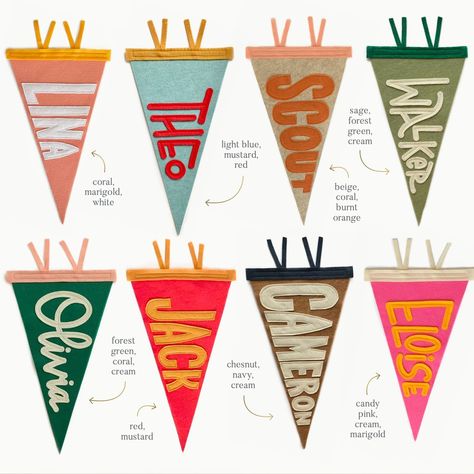 8 of our favorite pennant color combos ✨ Zoom on in for the color names. Which is your fave out of these 8?? I'm going with... bottom left! Forest, coral, cream 👏 Cute Bedroom Crafts, School Pennant Diy, Name Pendant Flag, Pendant Flags Diy, Cool Room Crafts, Felt Name Flag, Felt Pennants Diy, Colorful Bedroom Decor Ideas, Name Pennant Flag