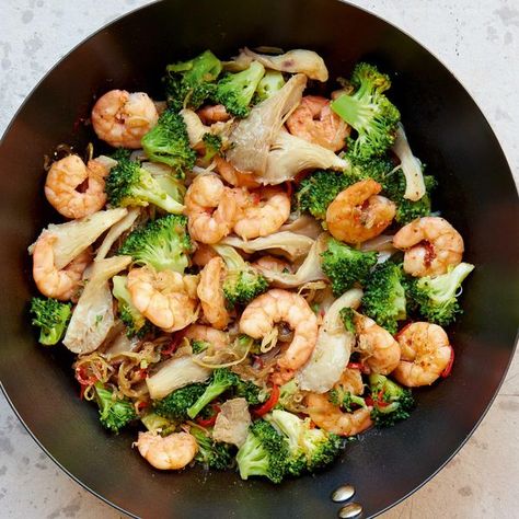 Mary Berry King Prawn and Broccoli Stir-Fry | BBC 2 Quick Cooking Stir Fry Prawn Recipes, Teriyaki Prawns Stir Fry, Prawn And Broccoli Stir Fry, Prawn Noodle Stir Fry, Prawn Fried Rice Chinese, Prawn Stir Fry, Raw Prawns, Mary Berry Recipe, Bean Sauce