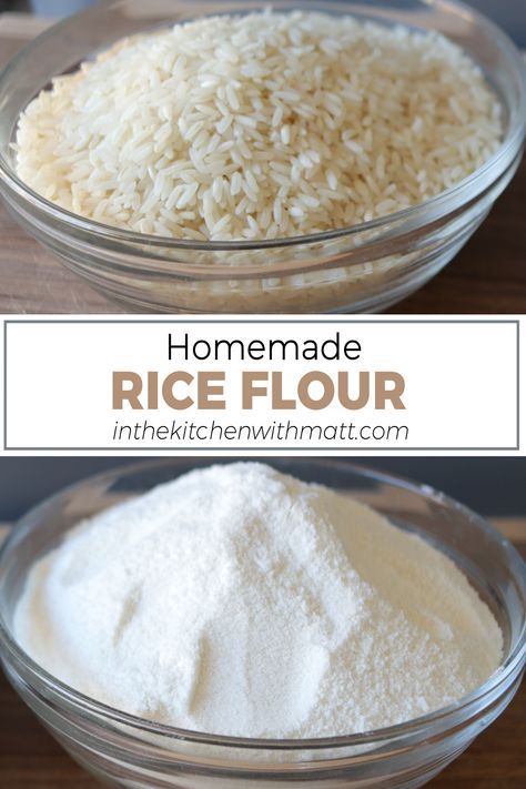 Bowl of rice and rice flour Making Rice Flour, Homemade Rice Flour How To Make, One Minute Rice Recipes, Rice Flour Muffin Recipes, Diy Rice Flour How To Make, Rice Dough Recipe, How To Make Rice Powder, Vegetable Flour Recipes, How To Make Glutinous Rice Flour