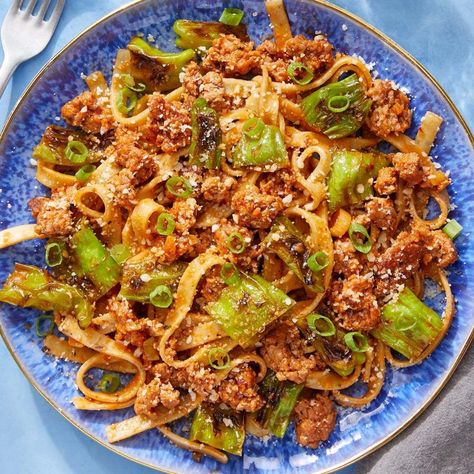 Recipe: Pork Ragù & Fresh Basil Fettuccine with Shishito Peppers - Blue Apron Italian Pork, Pork Ragu, Shishito Peppers, Chile Recipes, Food Delivery Service, Fettuccine Pasta, Blue Apron, Meal Kit, East Asian