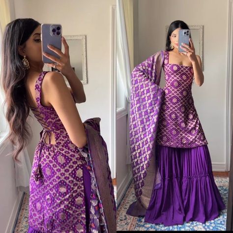 Desi Party Wear Dresses, Dark Purple Sharara Suit, Square Neck Sharara Suit, Backless Sharara Designs, Sharara Suit Back Neck Design, Square Neck Punjabi Suit, Desi Neck Designs, Purple Traditional Dress Indian, Sharara Neck Designs