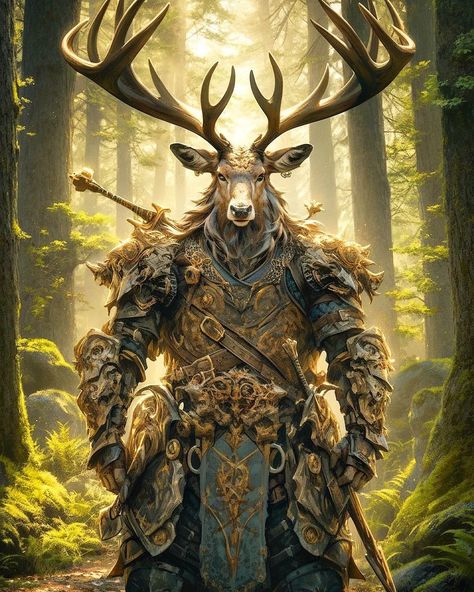 Deerfolk Dnd, Deer Warrior, Stag Knight, Warriors Illustration, Hybrid Art, Mythical Animal, Fantasy Paintings, Fantasy Creatures Art, Modern Fantasy