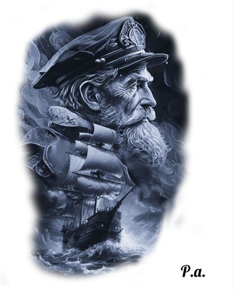 Sea Warrior Tattoo, Seaman Tattoo Design, Ship At Sea Tattoo, Captain Tattoo Nautical, Ship On Stormy Sea Tattoo, Ocean Sleeve, Ocean Sleeve Tattoos, Poseidon Tattoo, Sailor Tattoo