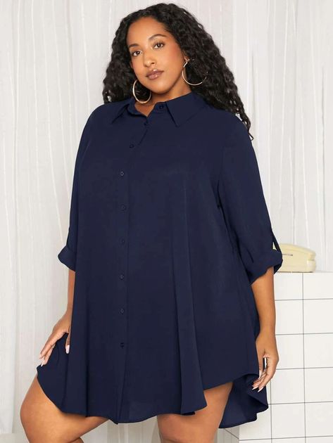 SHEIN FIT+ Plus Roll Tab Sleeve Shirt Dress | SHEIN USA Maternity Tee Shirt Dress, Maternity Dress With Tied Shirt, Shirt Dresses For Pregnant Women, Button Down Shirt Dress Pregnant, Maternity Shirt Dress, Cheap Maternity T-shirt With Graphic Print, Shein Fits, Simple Gowns, Plus Size Gowns