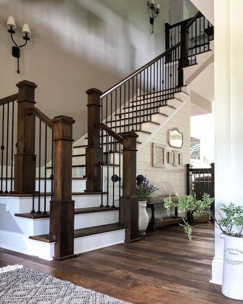 Tuxedo Farmhouse, Modern Farmhouse Staircase, Farmhouse Staircase, Home Makeovers, Staircase Railing, Hardwood Floors Dark, Ideas For Decorating, Innovative Ideas, Farmhouse Charm