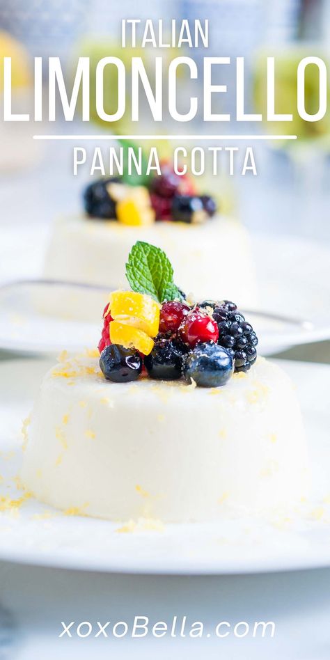 A truly delicious classic Italian dessert, limoncello panna cotta with fresh berries is definitely something you should try. It's straightforward to make, even if you don't often make desserts, and the combination of fresh berries, limoncello liqueur, lemon zest, and cream is just mouthwatering. Words can't do this amazing Italian dessert enough justice - you'll just have to make lemon panna cotta yourself and then you'll see! Limoncello Desserts, Heavenly Dessert Recipe, Lemon Panna Cotta, Bake Gluten Free, Panna Cotta Recipe, Italian Recipes Dessert, Italian Dessert, Homemade Bagels, Gluten Free Recipe