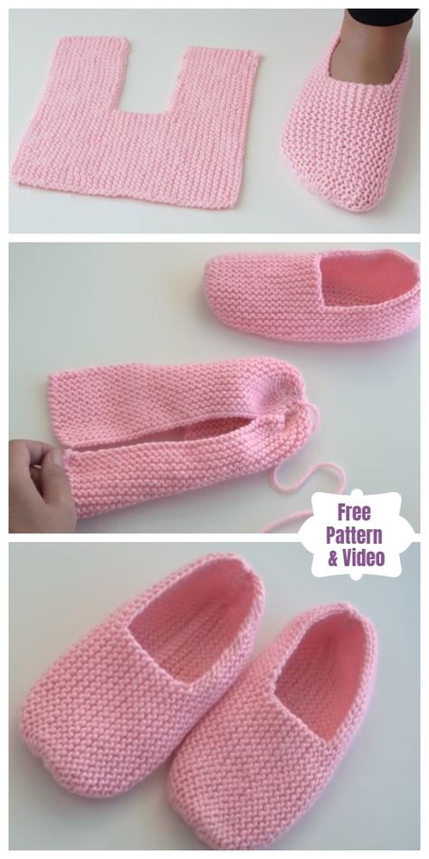 Easy Garter Stitch Slippers Free Knitting Pattern - Video Stitch Slippers, Crocheted Slippers, Knit Slippers Free Pattern, Knitted Slippers Pattern, Knitting Patterns Free Beginner, Side Edges, Crochet Slipper Pattern, Knitting Instructions, Crochet Socks