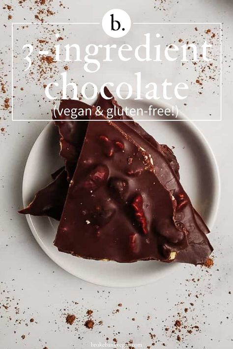 Made with only cacao powder, coconut oil, and maple syrup, this simple 3-ingredient vegan chocolate is the perfect treat to always have on hand. #veganchocolate #chocolaterecipe #homemadechocolate Gluten Free Strawberry Cake, Cacao Powder Recipe, Cacao Powder Benefits, Cocoa Powder Recipes, Coconut Oil Chocolate, Vegan Chocolate Recipes, Dark Chocolate Recipes, Vegan Chocolate Bars, Cacao Recipes