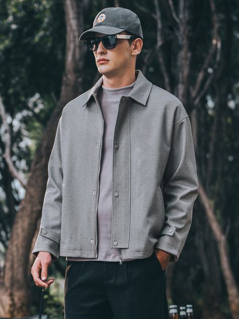 Light Grey Casual Collar Long Sleeve Fabric Plain Other Embellished Slight Stretch  Men Outerwear Light Grey Jacket Outfit Men, Grey Jacket Outfit Men, Wool Jacket Outfit, Grey Jacket Outfit, Men Outerwear, Shirt Jacket Men, Outfit Hoodie, Men Jackets, Stylish Men Casual