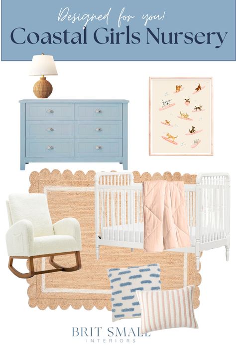 coastal girl nursery design Light Blue Girls Nursery, Nautical Girl Nursery, Beachy Nursery Girl, Nursery Ideas Coastal, Coastal Nursery Neutral, Coastal Nursery Girl, Office Nursery Combo, Coastal Baby Room, Nautical Nursery Ideas