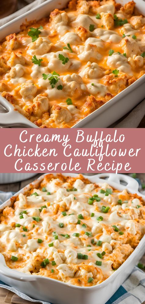 Creamy Buffalo Chicken Cauliflower Casserole Recipe | Cheff Recipes Healthy Supper For Two, Atkins Low Carb Meals, Lunch Prep Low Carb, Buffalo Chicken And Cauliflower Bake, Low Carb One Dish Meals, Cauliflower Sides Recipes, Chicken Healthy Recipes Clean Eating, Healthy Lunch Casserole, Healthy Buffalo Chicken Casserole