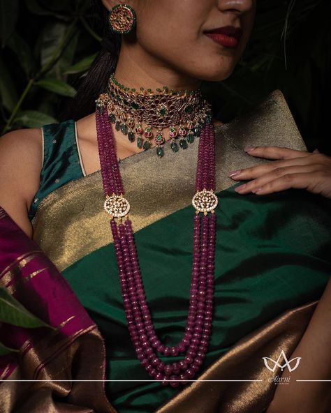 Trending Multi Layered South Indian Necklace Designs • South India Jewels 3 Layer Chain Necklace Gold Indian, Temple Style Ruby Beaded Necklaces, Temple Jewelry Style Multi-stone Pendant Necklace, Ruby Beads Necklace Designs, Latest Beads Jewellery Designs, Ruby Beads Mala, Multi-stone Temple Jewelry Necklaces, Double Layer Kasu Mala, Ruby Jewelry Necklaces