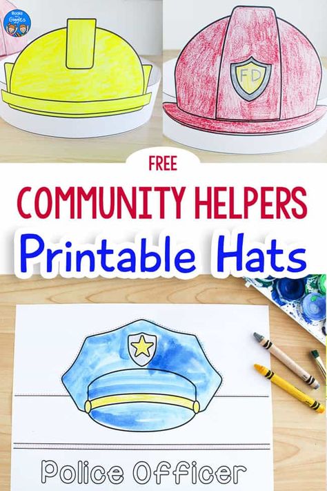 Grab 11 free printable community helper hats and get suggestions on ways to use them in the classroom or at home. These are an easy addition to preschool and kindergarten units. You get each of these black & white hats: firefighter, police officer, construction worker, chef, nurse, mail carrier, farmer, FBI agent, soldier, Air Force Officer, and Marine. Won't these be a fun activity for dramatic play! Community Helper Hats, Community Helpers Hats, Community Helpers Police Officer, Community Helpers Police, Community Helpers Printables, Prek Community Helpers, Community Helpers Art, Community Helpers Lesson Plan, Community Helpers Week