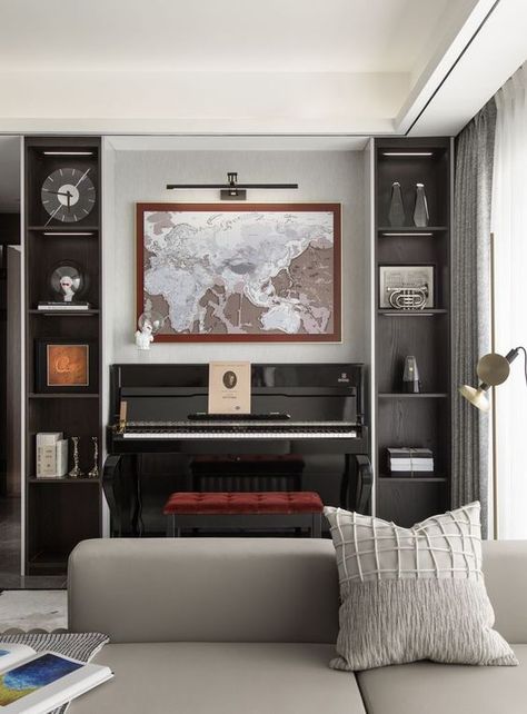 Piano Tv Living Room, Stand Up Piano In Living Room, Music Sitting Room, Piano Under Tv, Piano Room Design, Piano Room Decor, Piano Living Rooms, Piano Decor, Piano Room