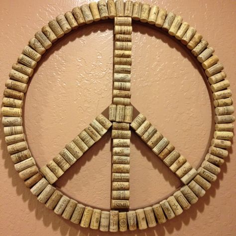 Homemade wine cork peace sign. Favorite part of my kitchen :) Wine Cork Peace Sign, Soda Bottle Crafts, Peace Crafts, Hippie Crafts, Hand Painted Birdhouses, Bohemian Crafts, Cork Crafts Diy, Wine Cork Diy Crafts, Wine Cork Diy