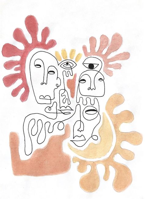 Picasso Inspired Paintings, Pottery Painting Faces, Simple Abstract Drawings, Line Drawing With Watercolor, Line Drawing Watercolor, Face Doodles Abstract, Picasso Face Drawing, Abstract Face Art Drawings, Picasso Watercolor