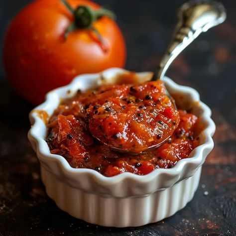 Tomato chutney is a tasty and flexible spread that is mostly made of tomatoes and spices. Depending on the recipe, sugar and vinegar may also be added. Many Tomato Chutney Recipes Indian, Tomato Pickle Recipe, Spicy Chutney, Tomato Chutney Recipe, Jam Recipes Homemade, Tomato Chutney, Sandwich Spread, Chutney Recipe, Cafe Ideas