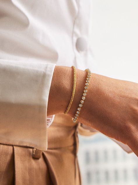 Shop the Get Gifting: Enjoy 20% Off Avery 18K Gold Bracelet - Gold at the official Baublebar site. Get Gifting with 20% off. Discount automatically applied in cart. . Gold Tennis Bracelet Stack, Tennis Bracelet Stack, Bracelet Stack Gold, Fancy Bracelets, Bracelet Styles, Wrist Stack, Gold Bracelets Stacked, Gold Medallion Necklace, Eternity Bracelet