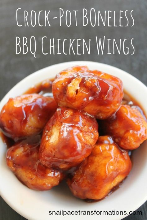 These crock-pot boneless chicken BBQ wings are fork tender and dripping in sauce. Save money have wing night in. Boneless Bbq Chicken, Wing Night, Desserts Cheesecake, Boneless Chicken Wings, Meat Bbq, Recipes Bbq, Boneless Wings, Crock Pot Food, Bbq Chicken Wings