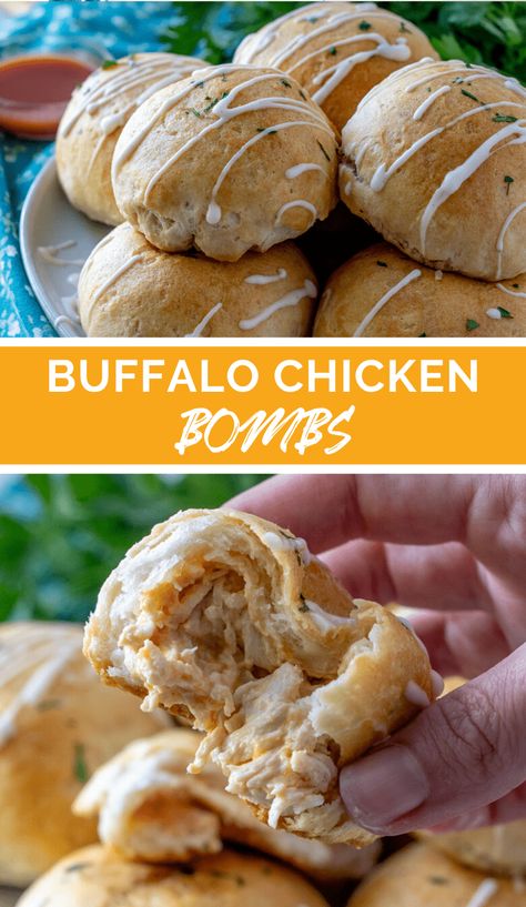 Buffalo Chicken Bombs - Family Fresh Meals Buffalo Chicken Dip Healthy, Dip Healthy, Muffins For Breakfast, Buffalo Chicken Bites, Buffalo Chicken Recipes, Healthy Greek Yogurt, Fresh Meals, Chicken And Biscuits, Family Fresh Meals