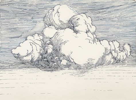 Cloud Hatching Drawing, Sky Ink Drawing, Ink Drawing Clouds, Clouds Pen Drawing, Pencil Cloud Drawing, Ink Illustrations Landscape, Pen And Ink Clouds, Woodcut Clouds, Asian Clouds Drawing