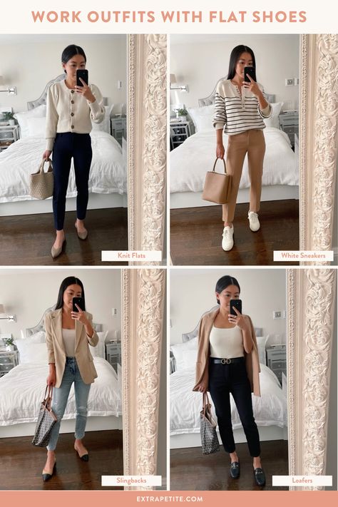 Business Casual Night Out Outfit, Casual Seminar Outfit, Flat Shoes Outfit Dress, Office Outfit Flat Shoes, Chic Business Casual Flat Slip-ons, Work Outfits Women Sneakers, Smart Casual Date Outfit Women, Smart Casual Shoes Women, Casual Beige Flats For Business