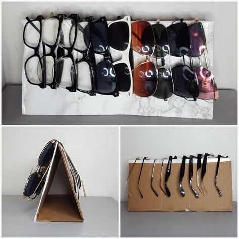 Easy DIY sunglasses holder! Make an A frame out of cardboard, tape it together and place the contact paper of your choice on top! #diysunglassesholder #sunglasses #diy #lazygirlhacks #contactpaper Diy Sunglasses Holder, Diy Sunglasses, Bedroom Cupboard, Diy Room Decor Videos, Sunglasses Storage, Sunglasses Display, Dorm Diy, Bedroom Cupboard Designs, Contact Paper