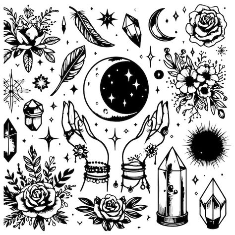 Premium Vector | A set of vector magic elements An occult set for sorceresses Hand drawn dagger candle crystals Celestial Tattoos, Celestial Tattoo, Celestial Crystal, Boho Moon, Hand Tattoos, Tattoos And Piercings, Graphic Resources, Color Me, Doodles