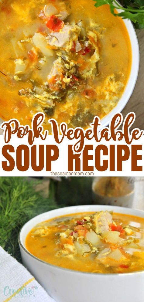 Packed-full of healthy vegetables, this pork chop soup is the perfect Sunday dinner idea! Comfort food at its best, this yummylicious pork soup also comes together in no time! #easypeasycreativeideas Leftover Pork Soup, Soups With Pork Loin, Pork Broth Uses, Leftover Pork Loin Recipes Soup, Pork Roast Soup Recipes, Leftover Pork Soup Recipes, Pork Broth Soup Recipes, Soup With Pork In It, Pork Chop Soup Recipes