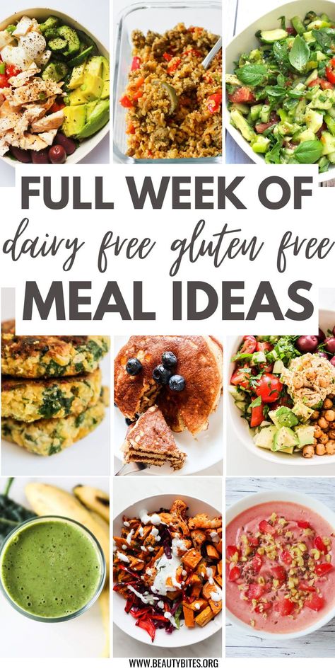 7 day gluten free dairy free meal plan! A full week of dairy free gluten free meal ideas for breakfast, lunch and dinner! If you're wanting to eat clean and need to remove dairy and gluten from your diet plan, check out these healthy recipes! Dairy Free Meal Plan, Gluten Free Meal Ideas, Dairy Free Meal, Dairy Free Lunch, Dairy Free Recipes Dinner, Gluten Free Meal Plan, Ideas For Breakfast, Dairy Free Breakfasts, Gluten Free Lunch