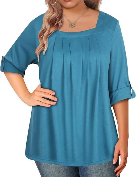 Tanst Sky Empire Waist Tops for Women, Womens Plus Size Shirts Loose Fit 2XL Oversized Square Neck 3/4 Sleeve Pleated Casual Office Work Clothes Ladies Flowy Dressy Tunics Turquoise XX-Large : Amazon.ca: Clothing, Shoes & Accessories Office Work Clothes, Plus Size Tops For Women, Empire Waist Tops, Myanmar Dress Design, Myanmar Dress, Casual Tunics, Pleated Blouse, Casual Office, Work Clothes