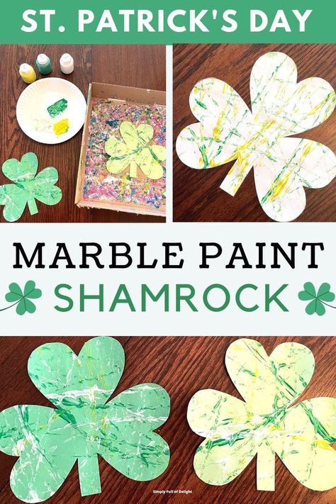 marble paint shamrock craft for st patricks day Shamrock Activities, Shamrock Art Projects, Shamrock Crafts, St Patricks Activities, Shamrock Printable, Clover Craft, Shamrock Art, Shamrock Template, Mess Free Painting