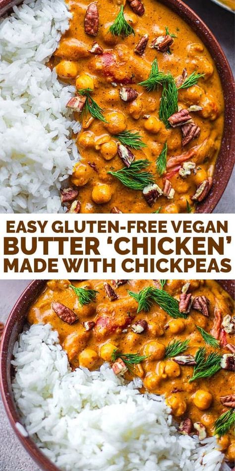 This easy vegan butter 'chicken' is made with chickpeas and peanut butter, and is savoury, rich, and ready in 15 minutes. Gluten-free and oil-free. Butter Chicken Chickpeas, Easy Vegan Butter, Butter Chickpeas, Chicken Chickpeas, Vegan Chickpea Recipes, Vegan Butter Chicken, Chicken Chickpea, Cooking Tomatoes, Vegan Curry